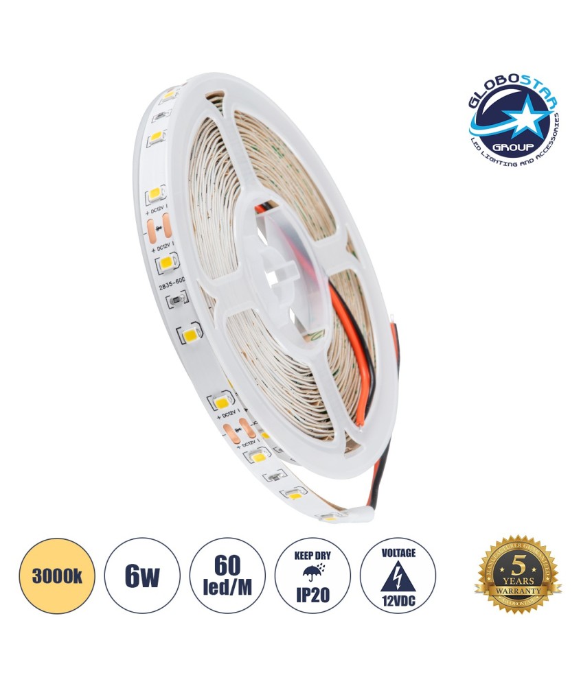 GLOBOSTAR® LILAC 70142 Ταινία LED 6W-m 540lm-m 120° DC 12V IP20 60 x SMD2835 Chip-m Θερμό Λευκό 2700K Dimmable - Sanan SMD Chip - Μ500 x Π0.8 x Υ0.1cm - Ρολό 5 Μέτρων - 5 Χρόνια Εγγύηση